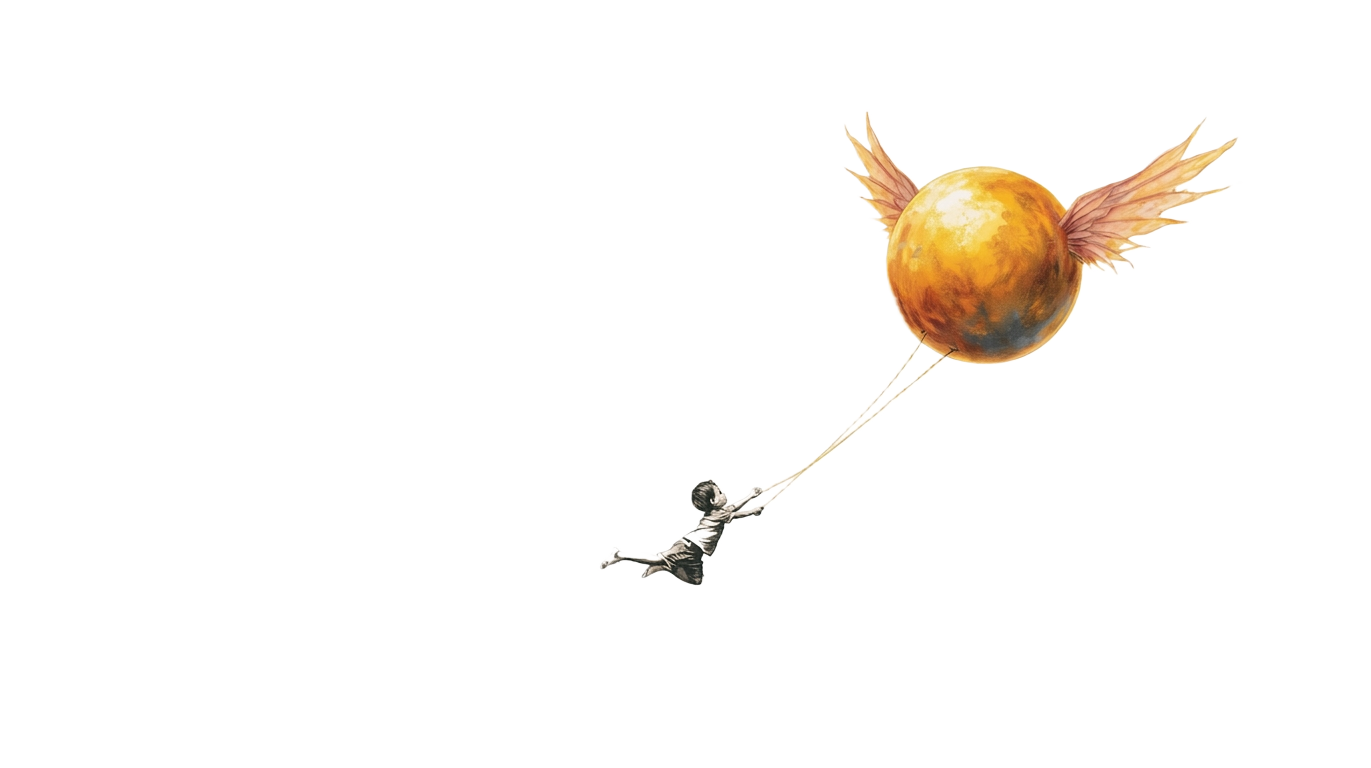 A child being lifted skyward by a golden winged idea
